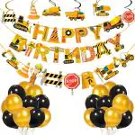 Zyozique Construction Birthday Party Supplies Dump Truck Birthday Party Decorations Banner, Character Banner, Hanging Swirls and Balloon for Construction Theme Birthday Party 33 Pack