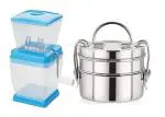 BLUE WONDER Vegetables Plastic Onion Chopper With 2 Pcs Steel Lunch Box and (Multicolour, Pack of 2)