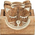 GURU JEE Handmade Wood Drink Coasters Set with Holder Natural Wooden Coasters for Drinks Cup Coasters for Table Wooden Coaster (Brown_Cat_6)