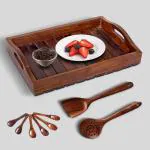 HOMIFI Wooden Traizy Handmade Tray Multipurpose for Serving Coffee/Tea / / Drinks with 2 pc Wooden Spatulas & 6 pc Wooden Masala Spoons for Dining Table & Kitchenware