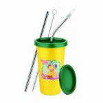 Prabha Stainless Steel Yellow Tumbler, Designer Glass With Plastic Lid, 2 Straws, 1 Brush, Capacity 370 Ml