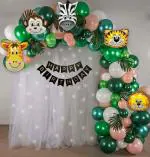 SpecialYou.in Jungle Theme DIY Birthday Decoration Items for Kids Party Decor with White Net Curtains and Fairy Lights Backdrop - Set of 56Items