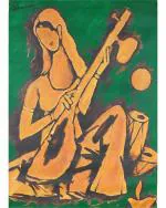 DECOR ADVENTURES Lady with Veena by M.F. Husain Wall Painting 16 x 21 inch