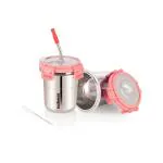 LiLLMONKiDZ Stainless Steel Tumbler for Kids | Tumbler Glass with Straw for Kids | Steel Tumbler with Lid, Straw, Cleaning Brush and Silicon | (Ice Pink, 300ml) Set of 2 pcs