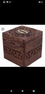 RAMYAMART Brown Wood Handmade Piggy Coin Storage Fully Carved Coin Bank, 4 Inch