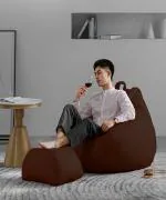 GIGLICK 4XL Bean Bag With Relaxing Curve Footrest Filled With Beans Teardrop Bean Bag With Bean Filling (Brown)