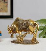 Navyaksh- eleganzze Blessing Decor Brass Kamdhenu Eleganze Cow with Calf Statue, Standard Size, Golden Decorative Showpiece - 15 cm (Brass, Gold)
