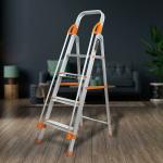 Plantex Secura Aluminium Folding 4 Step Ladder for Home with Safe Hand Rail - 4 Wide Step Ladder (Orange and Silver)
