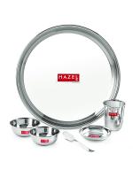 HAZEL Stainless Steel Dinner Set Of 6 | Dinner Set Steel (1 Steel Plate, 1 Steel Glass, 2 Bowl, 1 Dessert Plate, 1 Spoon) 6 Pieces, Silver