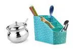 BLUE WONDER Stainless Steel Multipurpose Ghee Pot/Pickle Container with Spoon With Plastic Compact Basket Holder and (Multicolour, Pack of 2)