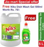 Niks Dish wash Premium Gel 5 Liters | with lemon grass fragrance. ( FREE Niks dish wash 500ml pack with 5 Liters can )