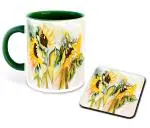Whats Your Kick Flower and Birds Theme Painting Flowers Design Printed Dark Green Ceramic Coffee and Tea Mug 325 ml with coaster