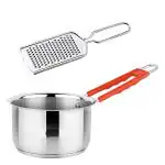 IDEAL PRIME Heavy Guage Stainless Steel Sauce Pan Induction Compatible And Cheese Grater Combo Milk Tea Pan Danka Tapeli Kisni Ginger Grater Cookware Pack Of 2