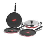 Sumeet Red Aluminium Combo pack of Dosa Tawa, Multi Snack Maker, Grill Appam Patra With Lid, Concave Tawa (Pack Of 4)