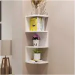 WooDinto 8x8 Living Room Bedroom Wall Corner Bookshelf Wood Shelf Storage Rack Bathroom Kitchen Storage Shelf Wall Corner (4 - Tiers, White)