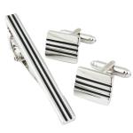PELUCHE Mr. Deeper Enamel Sleek Look 2 Silver Cufflink And Tiepin Set For Men (Black And Silver)