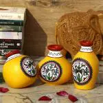 Vintage Gulley Yellow Terracotta Warli Hand Painted Pot (9.5 x 8 cm, 9 x 9 cm, 11.5 x 6.5 cm) 3 pcs