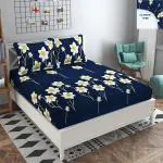 Novak Decors Digital Printed Fitted Bedsheet For King & Queen Size Double Bed Cotton Microfiber With 2 Pillow Covers (BLUE WHITE FLOWER)