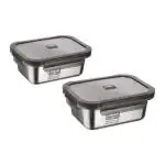 MaxSafe By Joyo - India's First 100% Microwave Safe Stainless Steel Container - Set of 2 (800ML + 1200ML), Rectangle,Silver