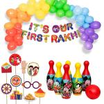 Festiko Set of 37 Pcs It's Our First Rakhi Combo (Banner, Balloons, Photobooth Props, Bowling Set Toy MM), Raksha Bandhan Decoration Combo