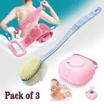 KATHIYAWADI 3 Pcs Combo Silicon Bath Brush Belt, Silicon Shampoo Dispenser Brush, 2 in 1 Hard Plastic Long Handle Back Cleaning Brush with Soft Loofah for Men, Women, Boys, Girls and Childrens (Multi Colour)(3 pcs Combo)