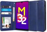 Unistuff Faux Leather Back Case Flip Cover for Samsung Galaxy M32 with ID Card Slot | Foldable Kickstand | 2 Card Slot | 1 Cash Slot - Executive Blue, 57097