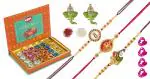 Feastive Celebrations Om Sweets Mewa Bite With 3 Raas Nritya Rakhis, Pair Of Soan, Pooja Rakhi, Kesar And Chawal (Set Of 4)