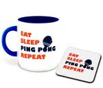 Whats Your Kick Table Tennis Eat Sleep Ping Pong Repeat Design Printed Dark Blue Ceramic Coffee Mug with Coaster and Tea Mug