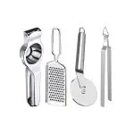 DreamBasket Stainless Steel Lemon Squeezer & Cheese Grater & Pizza Cutter & Roti Chimta for Kitchen
