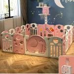 Chekido 16 Panel Playpen for Babies Kids Play Yard with Mat and Balls Gate Playard for Baby Play Area Indoor Setup,Kid Toddlers Upto 4 Yrs (6*5 30 SQFT Pink Elephant)
