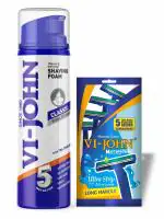 VI-JOHN Classic-Regular 5 Way Action Shaving Foam for Men with Vitamin E and Enriched 200g with Master Stroke Razor (Pack of 2)