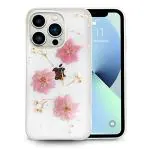 SQUIF Pink Silicone Flexible Back Cover For iPhone 13 Pro Case with Clear Silicone Pressed Real Dry Flowers Glitter Floral
