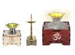 Solarbasket Battery Operated Light Stainless Steel Diva , Silver coated Diva and Samai For Pooja,LED wicks jyoti Aarti