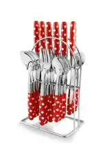 Elegante' 24 Pcs Nova Red Cutlery Set (6 Dinner Spoons, 6 Dinner Forks, 6 Dinner Knives & 6 Tea Spoons + 1 Stand)