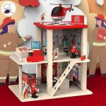 THE BRAIN GYM FACTORY-Fire Station Playset, Wooden Dollhouse Kid’s Toy, Stimulates Key Motor Skills and Promotes Team Play,Wooden Fire Station Play Role for Kids Boys Girls,Matchbox Cars Playsets