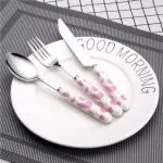 KATHIYAWADI Delicate Stainless Carbon Steel Knife Fork Spoon 3PCS Tableware Suit, Cute Cutlery Dinnerware with Stylish Ceramics Hand Grip for Children
