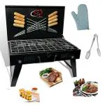 NE GRILLS Charcoal barbeque grill set, Foldable briefcase style charcoal grill, Barbecue grill set for home use tandoor for home and picnic use with 8 skewers ,1ss grill,1tong ,1glove (Made in INDIA)