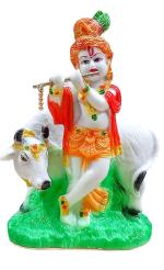Atut White Polyvinyl Chloride Krishna Murti With Cow In Position of Singing A Flute, 21 Cm