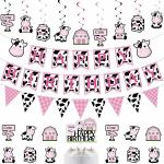 Festiko 27 Pcs Pink Holy Cow Happy Birthday Banner, Cow Pennant Banner, Cow Hanging Swirls, Cake Topper, Cupcake Topper for Kid's Party