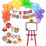 Festiko Set of 37 Pcs It's Our First Rakhi Combo (Banner, Balloons, Photobooth Props, White Board Spider), Raksha Bandhan Decoration Combo