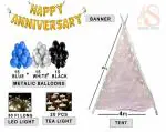 Soham Shree Anniversary | Birthday | Romantic Dinner | Valentine Special Cabana Theme Tent Decoration Item Full Combo | Balloons-Lightings-T Lights-Banner-Tent (Anniversary - Blue-Black-White )