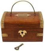 SIFU COLLECTION CRAFTWORK Wooden Money Bank Beautiful Brass Work Money Box/Coin Saving Gullak (5.25x3.25x3.25 Inches) Coin Bank (Brown)