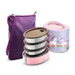VAYA TYFFYN Unicorn Oval Shape Polished Stainless Steel Lunch Box with 3-Containers and Bagmat, 1000 ml