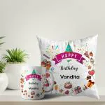 ASHVAH White Round Happy Birthday Vandita Ceramic Coffee Mug and Cushion with Filler Combo Gift (Pack of 2) AS-D3COMBO-Vandita-W