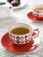 LA TABLEWARE Red Ceramic Hand Painted Rustic Art Cup Saucer Set 150 ml (Set of 6)