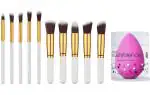 Bingeable Multicolor Foundation Brush Make Up Brushes Natural Professional Makeup Set Blending Tool Cosmetic Kits With Sponge Puff (Set Of 10)