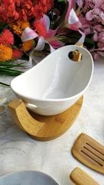 LORD'S CREATION White Serving Platters for Entertaining, Swing Serving Plates, Party Serving Trays Porcelain Dinner Serving Tray Serving Dishes With Bamboo wood Stand & 2 Wood Spoon