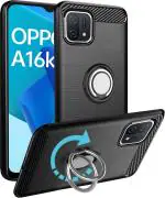 Unistuff Back Case Cover for Oppo A16k with Magnetic Kickstand | Premium Matte Finish | Camera Bump Protection | Rubberized Ring Cover - Night Black, 76932