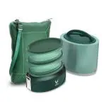VAYA TYFFYN Green Oval Shape Insulated Stainless Steel Office Tiffin Box with 3-Plastic Lunch Containers and Shoulder Bag Cum Table Mat with Cutlery Pouch, 1000 ml