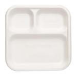 Vert-On White Sugarcane Bagasse 10 Inch 3 Compartment Square Compostable Pav Bhaji Natural Plates (Pack Of 25)